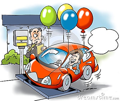 Cartoon illustration of A car owner trying to cheat with the total weight of the vehicle road tax Cartoon Illustration