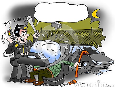 Cartoon illustration of a car thief that has been caught in an inflated airbag Cartoon Illustration
