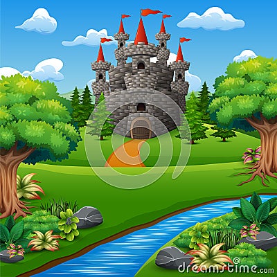 Cartoon Illustration of Castle on hill Landscape Vector Illustration