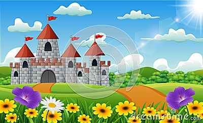 Cartoon Illustration of Castle on hill Landscape Vector Illustration