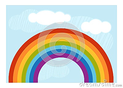 Cartoon illustration for children, colorful poster. Rainbow and clouds in the blue sky Vector Illustration