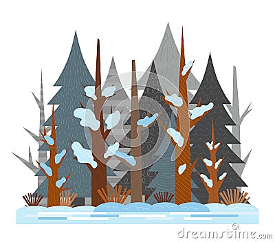 Cartoon illustration for children. Flat winter mixed coniferous forest, early spring sunny day Vector Illustration