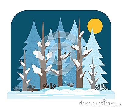 Cartoon illustration for children. Flat winter mixed coniferous forest, night snow landscape Vector Illustration