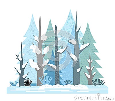 Cartoon illustration for children. Flat winter mixed coniferous forest, snow landscape on a sunny day Vector Illustration