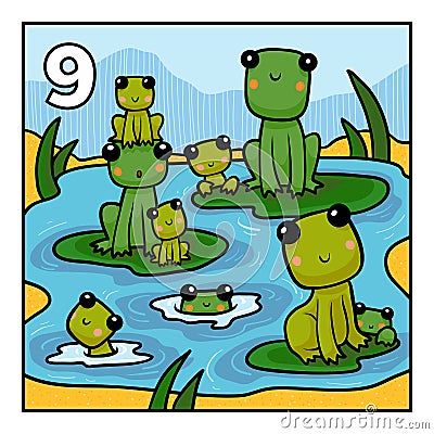 Cartoon illustration for children. Nine frogs Vector Illustration