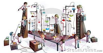 Cartoon illustration of children scientists studying chemistry, Cartoon Illustration