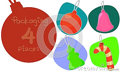 Cartoon illustration of Christmas decorations. Set of 4 images on an isolated background. Vector Illustration