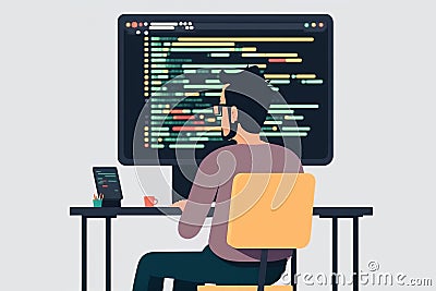 Cartoon illustration of coder writing script or html code for game software. Generative AI Cartoon Illustration