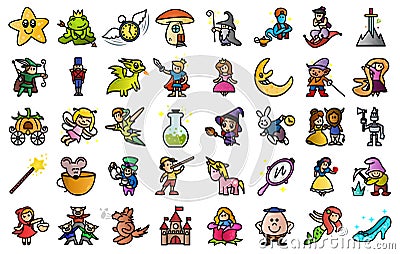 Cartoon illustration of Colored cute 40 Fairy tail icons set. Set of Fantasy Related Vector Line Icons. Vector Illustration