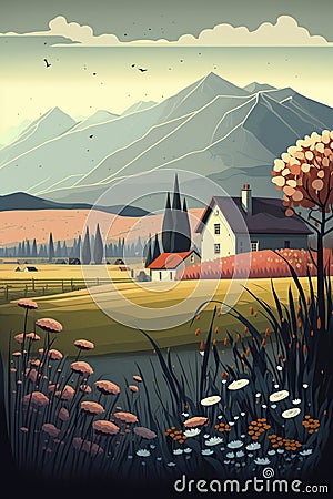 cartoon illustration, country landscape with house , mountains ,trees and flowers , ai generative Cartoon Illustration