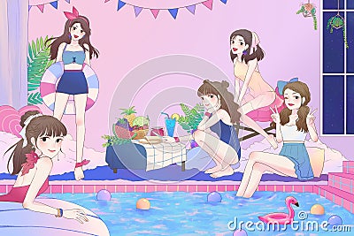 Cartoon illustration of 5 cute Asian teen girls having fun and pool party in the large bathroom with swimsuit in vintage fashion Cartoon Illustration