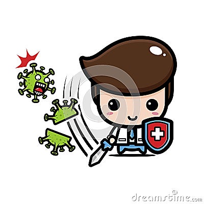 cartoon of a funny male doctor fighting virus with a sword Vector Illustration