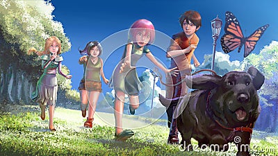 Cartoon illustration cute young children group chasing a pet dog Cartoon Illustration