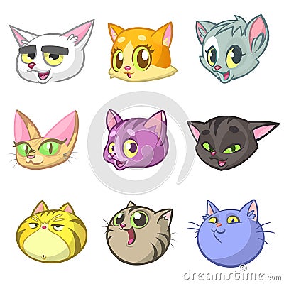 Cartoon Illustration of Different Happy Cats ot Kittens Heads Collection Set. Vector pack of colorful cats icons Vector Illustration