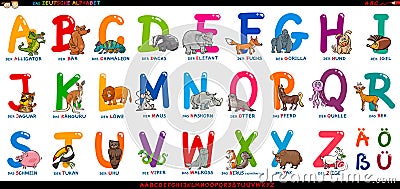 German alphabet with cartoon animals set Vector Illustration