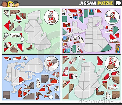 jigsaw puzzle activities set with cartoon Santa Clauses Vector Illustration