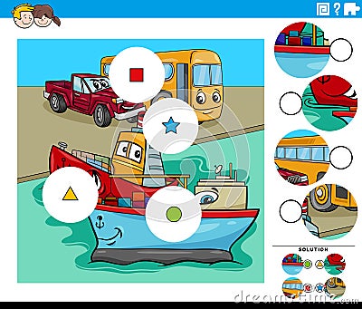 Match pieces game with cartoon ships and vehicles characters Vector Illustration