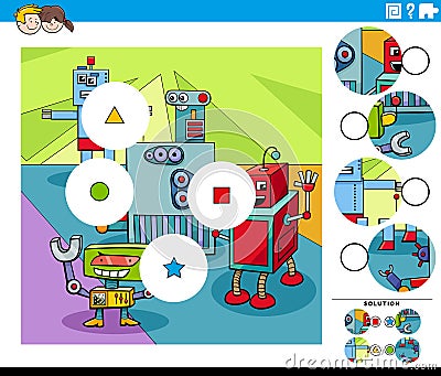 Match pieces task with cartoon robot characters Vector Illustration