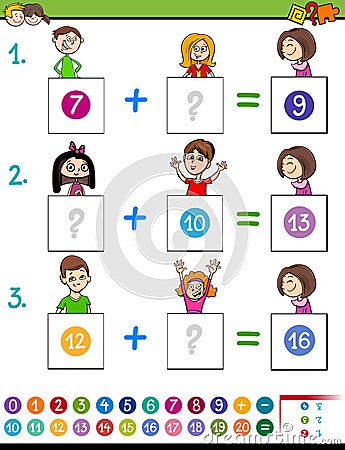 Maths addition educational game with funny kids Vector Illustration