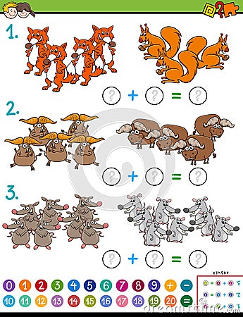 Maths addition educational task with animals Vector Illustration