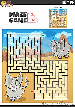 maze game with cartoon elephants animal characters Vector Illustration