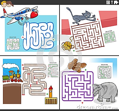 maze games set with funny comic characters Vector Illustration