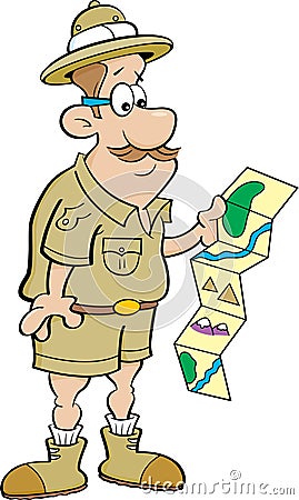 Cartoon explorer looking at a map. Vector Illustration