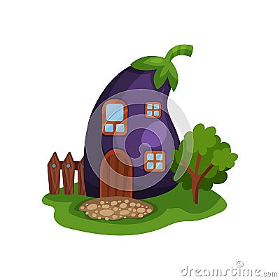 Cartoon illustration with fairy house in form of ripe purple eggplant, little wooden fence and tree on green meadow Vector Illustration