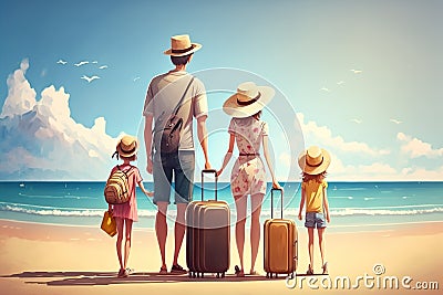 Cartoon illustration of a family that arrives on vacation at the beach and looks at the sea with their backs turned. Ai generated Cartoon Illustration