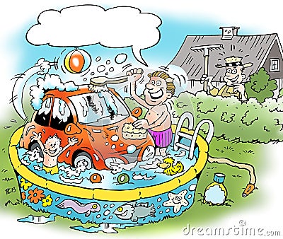 Cartoon illustration of a family man who washes the little car Cartoon Illustration