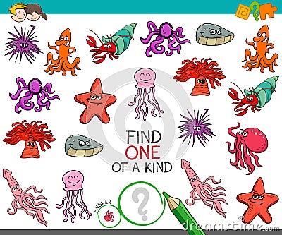 Find one of a kind game with sea life animals Vector Illustration