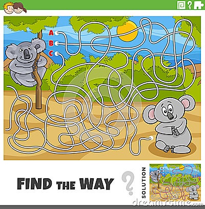 find the way maze game with cartoon koala bears animals Vector Illustration