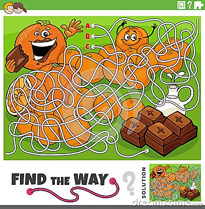 find the way maze game with cartoon orange and chocolate Vector Illustration