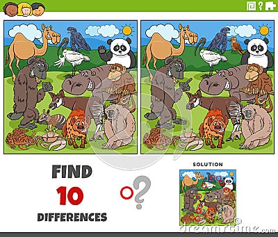 differences game with cartoon wild animals characters Vector Illustration