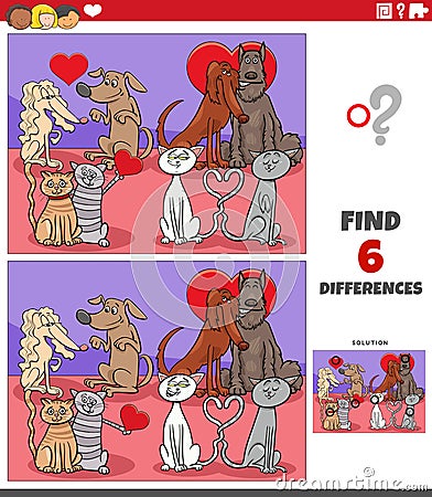 Differences game with pets in love on Valentines Day Vector Illustration