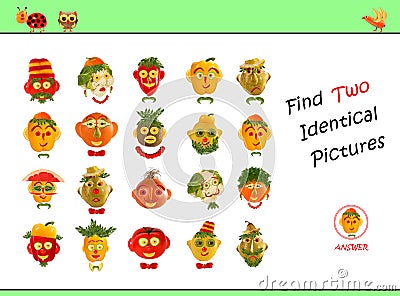 Cartoon Illustration of Finding the Same Picture. Educational Game for Preschool Children Stock Photo