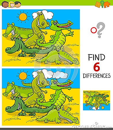 Differences game with crocodiles animal characters Vector Illustration
