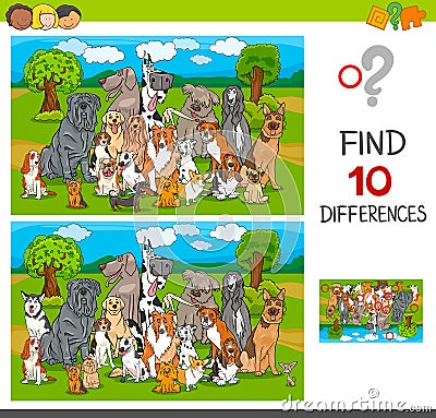 Find differences game with purebred dogs Vector Illustration