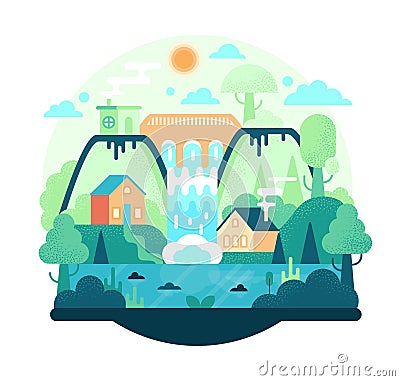 Cartoon illustration in flat style with hydroelectric power plant, dam with hydro turbine, houses, mountains, forest and Vector Illustration