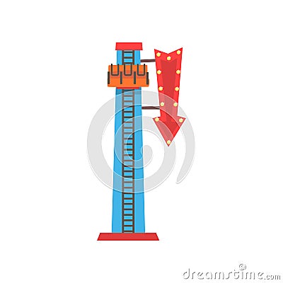 Cartoon illustration of free fall or drop tower. Extreme attraction. Amusement park icon. Funfair or carnival. Flat Vector Illustration