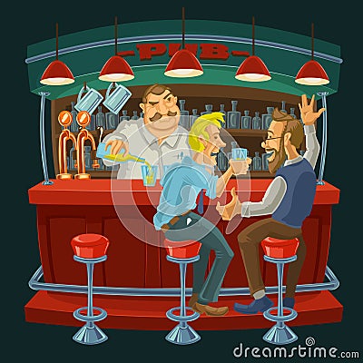 Cartoon illustration of friends drinking whiskey in the bar Cartoon Illustration