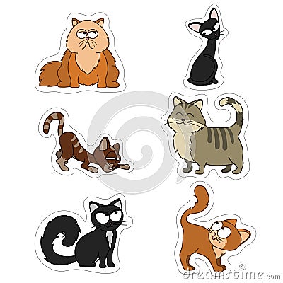 Cartoon illustration of funny cats set.Fat, skinny red, black and tabby cats Set of stickers of cute Pets Vector Illustration