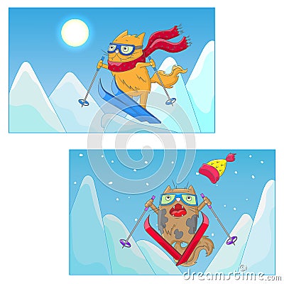 Cartoon illustration with funny cats-skiers on the background of mountain landscape Vector Illustration