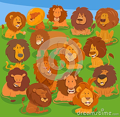 funny cartoon lions wild animal characters group Vector Illustration