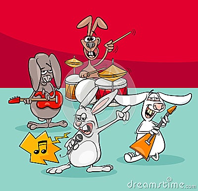 Rabbits rock musicians band cartoon illustration Vector Illustration