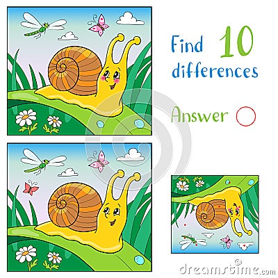 Cartoon Illustration of Funny Snail and Insect for Children. Find 10 differences Vector Illustration