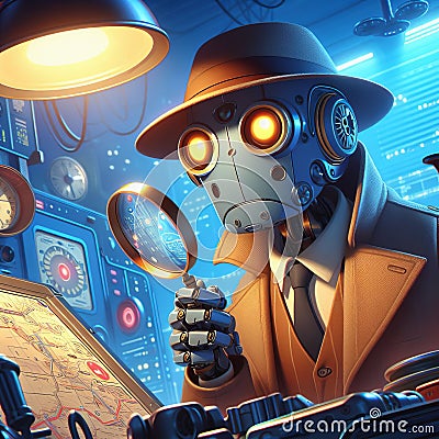 A cartoon illustration of a futuristic robot detective solving Cartoon Illustration