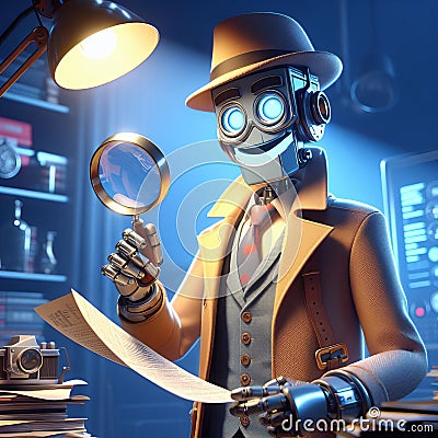 A cartoon illustration of a futuristic robot detective solving Cartoon Illustration