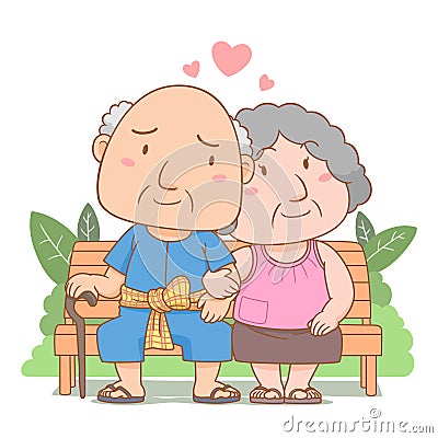 grandparents in love sitting on garden bench. Vector Illustration