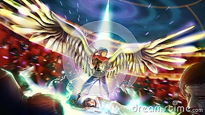 Cartoon illustration of a great birdman or wingman warrior hero is bursting his ultimate power to save his princess girl Cartoon Illustration